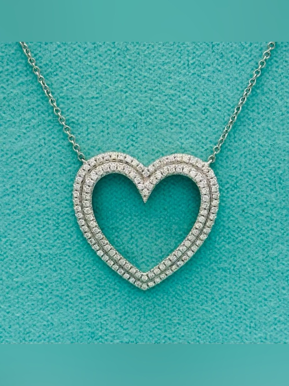 Tiffany & Co Platinum Large Double Diamond Metro Open Heart Necklace 16.5” EUC